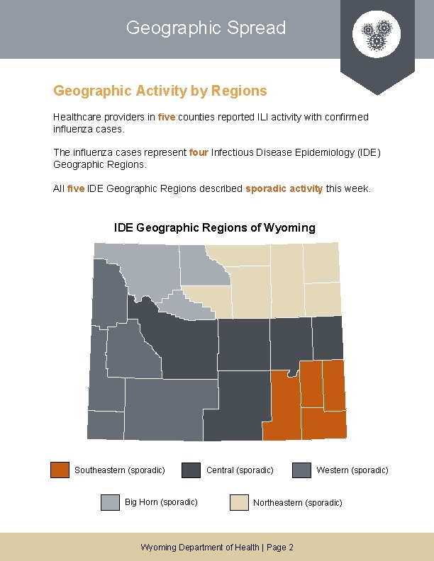 Geographic Spread Geographic Activity by Regions Healthcare providers in five counties reported ILI activity
