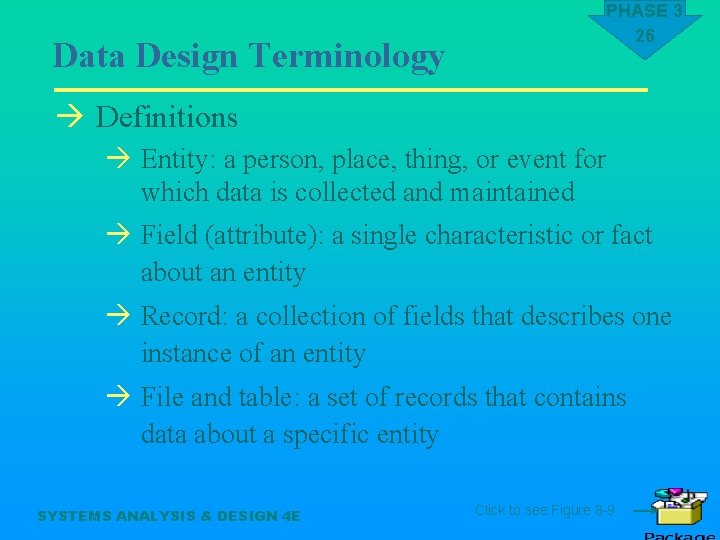 Data Design Terminology PHASE 3 26 à Definitions à Entity: a person, place, thing,