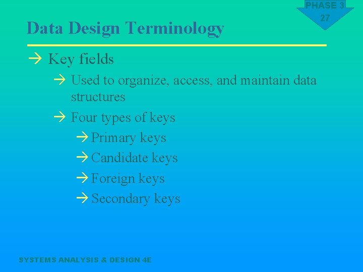 Data Design Terminology PHASE 3 27 à Key fields à Used to organize, access,