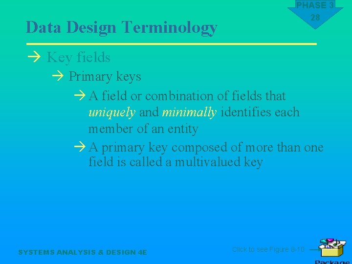 Data Design Terminology PHASE 3 28 à Key fields à Primary keys à A