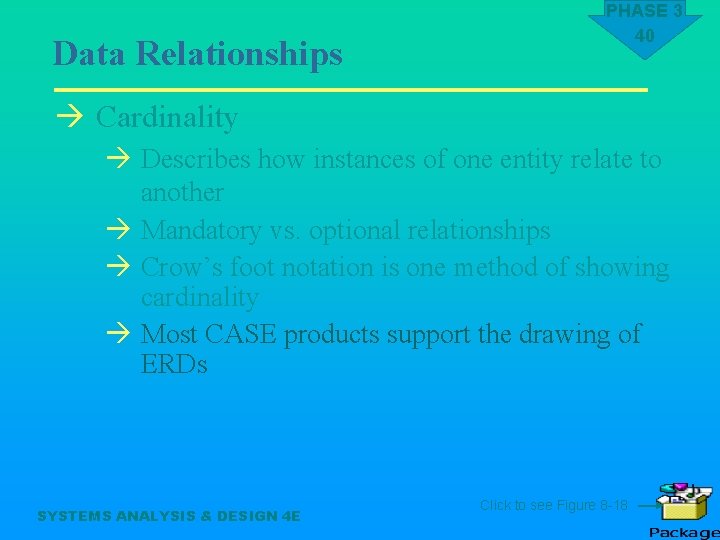 Data Relationships PHASE 3 40 à Cardinality à Describes how instances of one entity