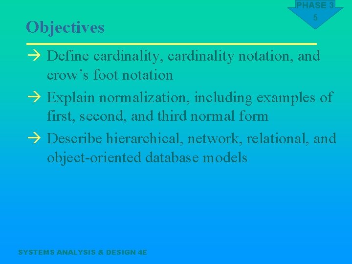 Objectives PHASE 3 5 à Define cardinality, cardinality notation, and crow’s foot notation à