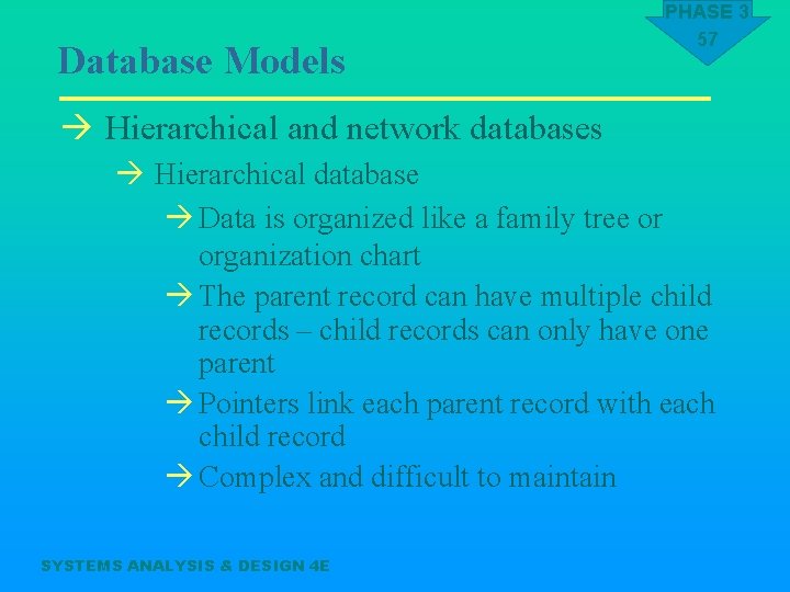 Database Models PHASE 3 57 à Hierarchical and network databases à Hierarchical database à