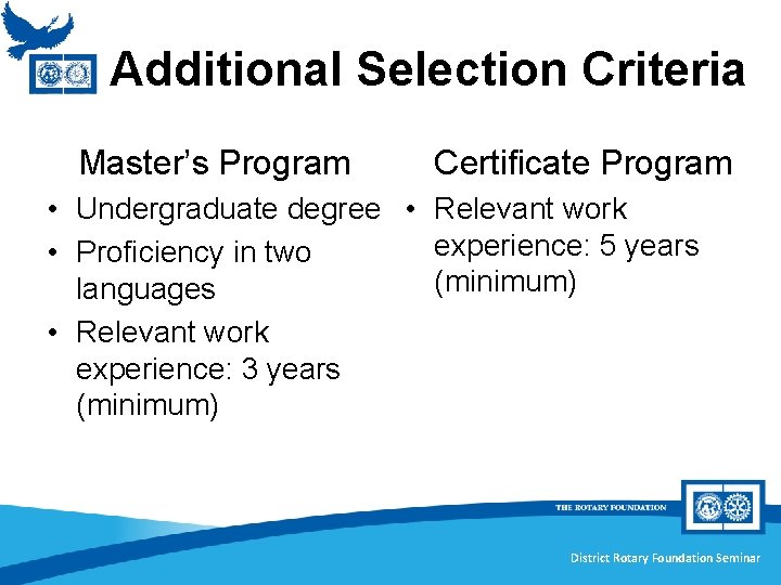 Additional Selection Criteria Master’s Program Certificate Program • Undergraduate degree • Relevant work experience: