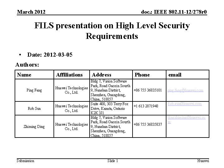 March 2012 doc. : IEEE 802. 11 -12/278 r 0 FILS presentation on High