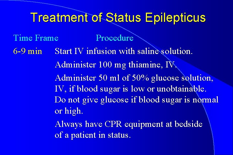 Treatment of Status Epilepticus Time Frame Procedure 6 -9 min Start IV infusion with