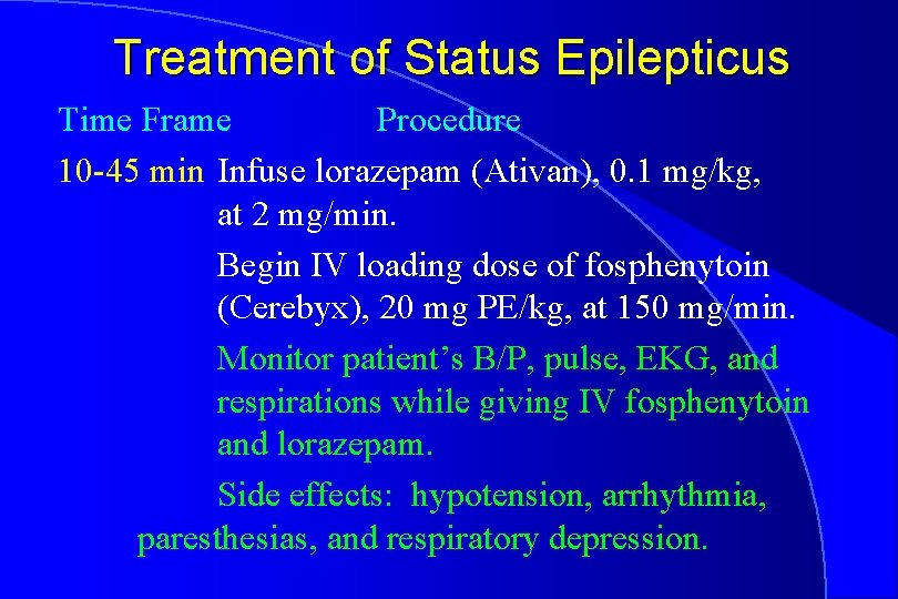 Treatment of Status Epilepticus Time Frame Procedure 10 -45 min Infuse lorazepam (Ativan), 0.