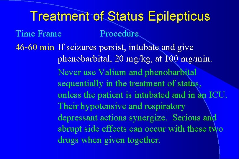 Treatment of Status Epilepticus Time Frame Procedure 46 -60 min If seizures persist, intubate