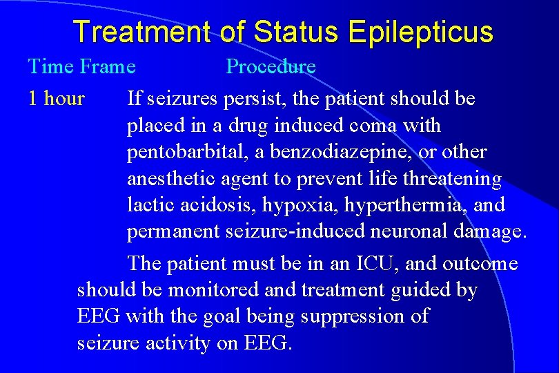 Treatment of Status Epilepticus Time Frame Procedure 1 hour If seizures persist, the patient