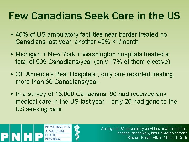 Few Canadians Seek Care in the US • 40% of US ambulatory facilities near