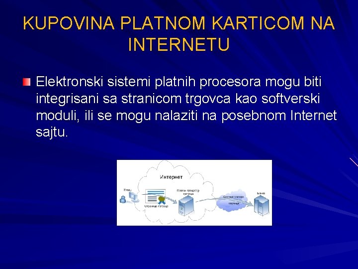 KUPOVINA PLATNOM KARTICOM NA INTERNETU Elektronski sistemi platnih procesora mogu biti integrisani sa stranicom