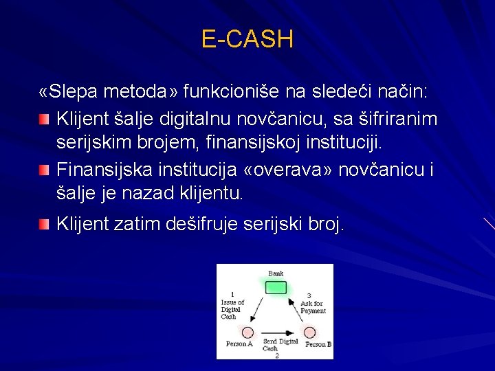 E-CASH «Slepa metoda» funkcioniše na sledeći način: Klijent šalje digitalnu novčanicu, sa šifriranim serijskim