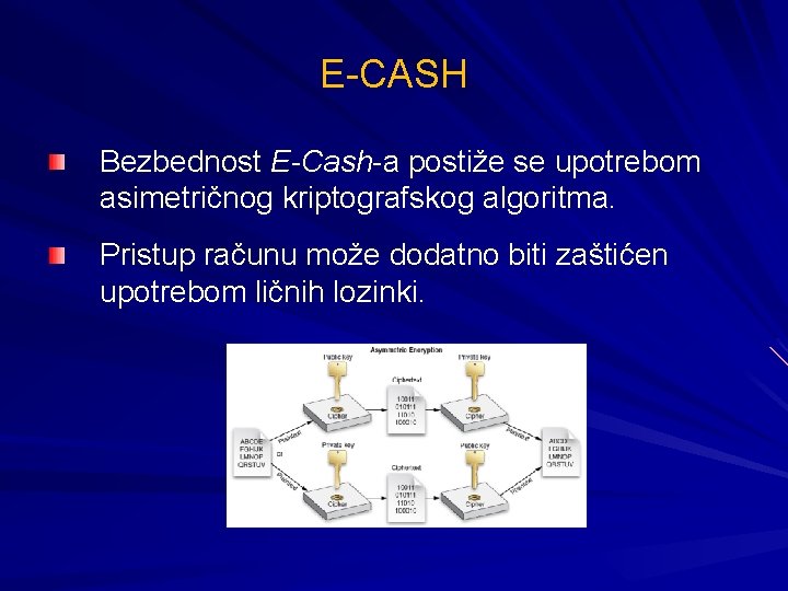 E-CASH Bezbednost E-Cash-a postiže se upotrebom asimetričnog kriptografskog algoritma. Pristup računu može dodatno biti