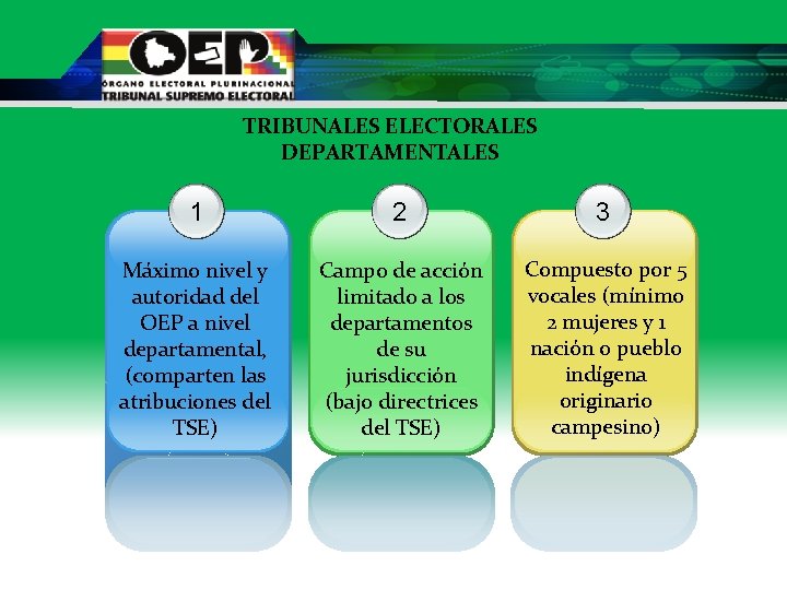 TRIBUNALES ELECTORALES DEPARTAMENTALES 1 2 3 Máximo nivel y autoridad del OEP a nivel