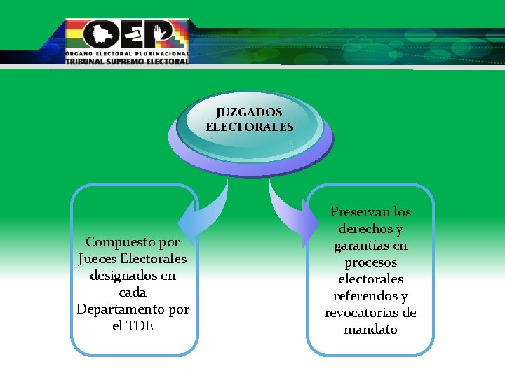 JUZGADOS ELECTORALES Compuesto por Jueces Electorales designados en cada Departamento por el TDE Preservan