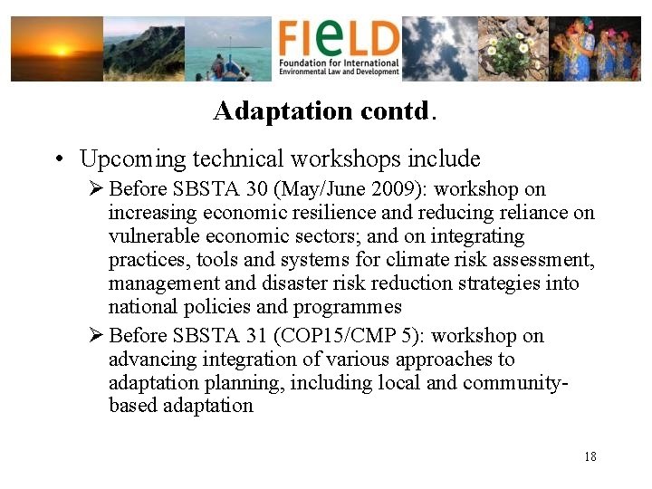 Adaptation contd. • Upcoming technical workshops include Ø Before SBSTA 30 (May/June 2009): workshop