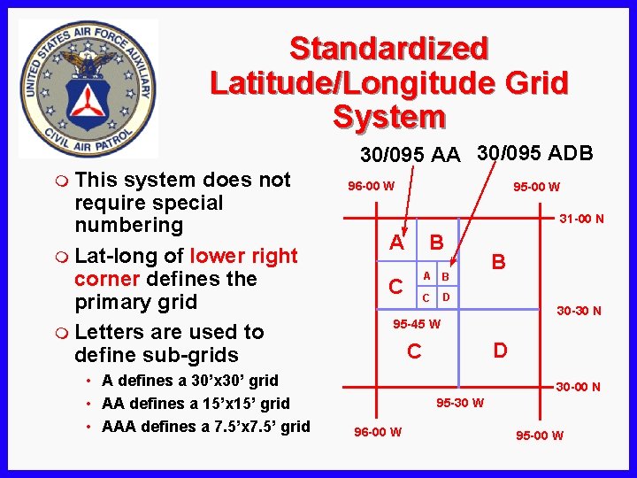 Standardized Latitude/Longitude Grid System 30/095 AA 30/095 ADB m This system does not require