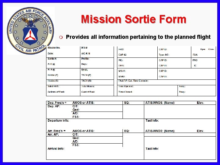 Mission Sortie Form m Provides all information pertaining to the planned flight 