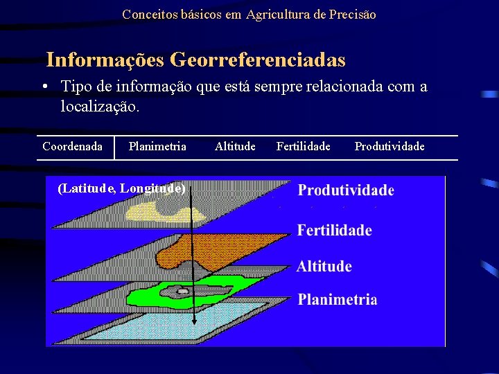 Conceitos básicos em Agricultura de Precisão Informações Georreferenciadas • Tipo de informação que está