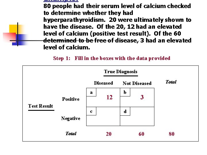 Example: 80 people had their serum level of calcium checked to determine whether they