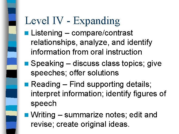 Level IV - Expanding n Listening – compare/contrast relationships, analyze, and identify information from