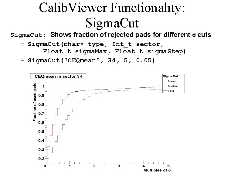 Calib. Viewer Functionality: Sigma. Cut: Shows fraction of rejected pads for different σ cuts