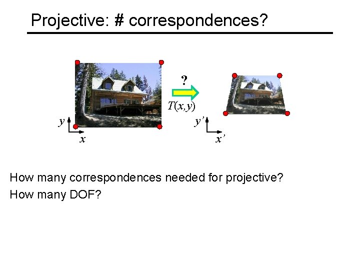 Projective: # correspondences? ? T(x, y) y’ y x x’ How many correspondences needed