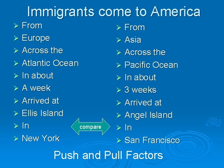 Immigrants come to America From Ø Europe Ø Across the Ø Atlantic Ocean Ø Immigrants come to America From Ø Europe Ø Across the Ø Atlantic Ocean Ø