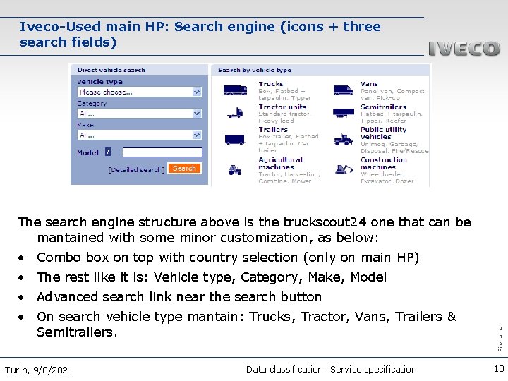 Iveco-Used main HP: Search engine (icons + three search fields) The search engine structure