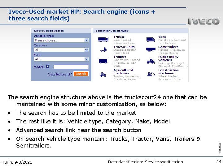 Iveco-Used market HP: Search engine (icons + three search fields) The search engine structure