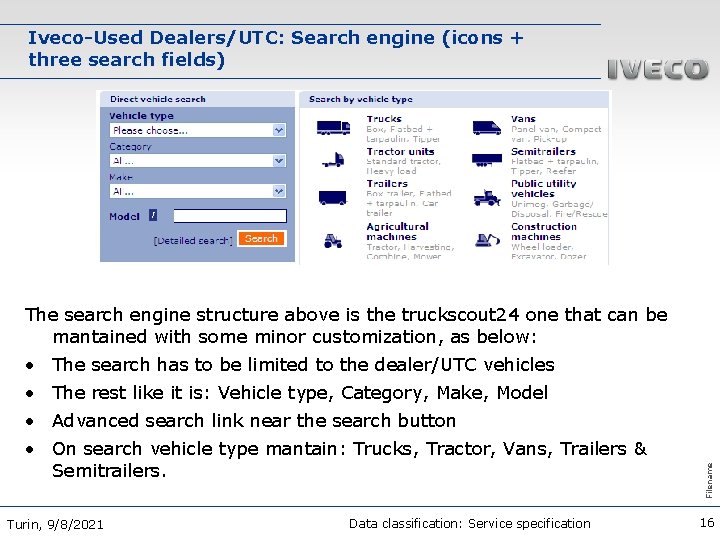 Iveco-Used Dealers/UTC: Search engine (icons + three search fields) The search engine structure above