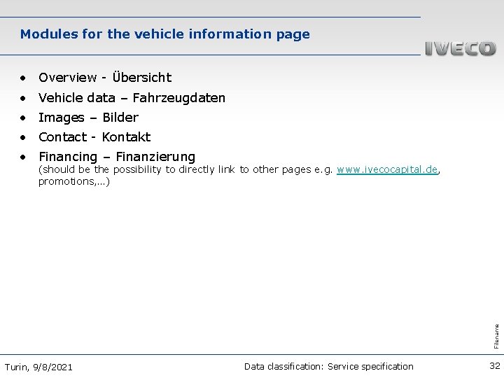 Modules for the vehicle information page • Overview - Übersicht • Vehicle data –