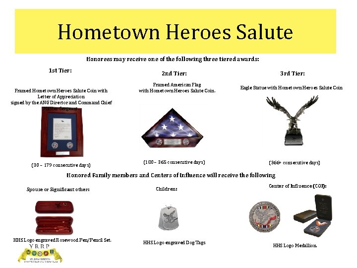 Hometown Heroes Salute Honorees may receive one of the following three tiered awards: 1