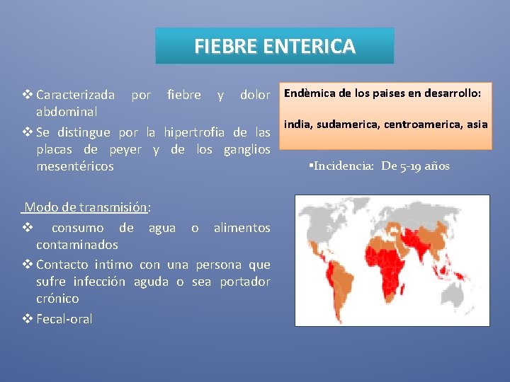 FIEBRE ENTERICA v Caracterizada por fiebre y dolor Endèmica de los paises en desarrollo: