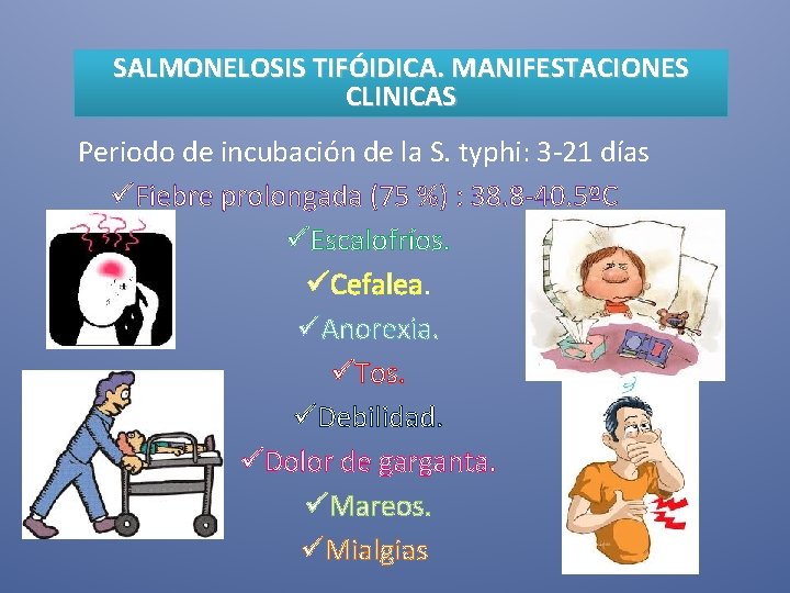 SALMONELOSIS TIFÓIDICA. MANIFESTACIONES CLINICAS Periodo de incubación de la S. typhi: 3 -21 días