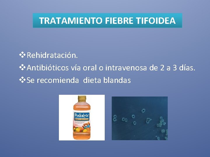 TRATAMIENTO FIEBRE TIFOIDEA v. Rehidratación. v. Antibióticos vía oral o intravenosa de 2 a