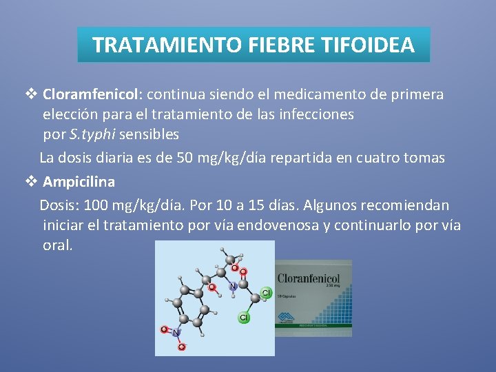 TRATAMIENTO FIEBRE TIFOIDEA v Cloramfenicol: continua siendo el medicamento de primera elección para el