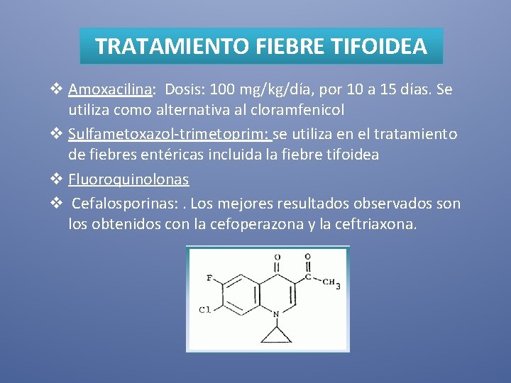 TRATAMIENTO FIEBRE TIFOIDEA v Amoxacilina: Dosis: 100 mg/kg/día, por 10 a 15 días. Se