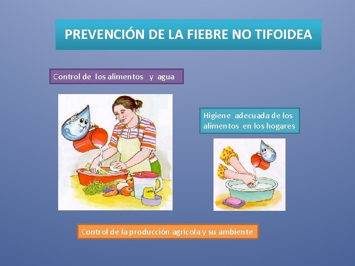PREVENCIÓN DE LA FIEBRE NO TIFOIDEA Control de los alimentos y agua Higiene adecuada