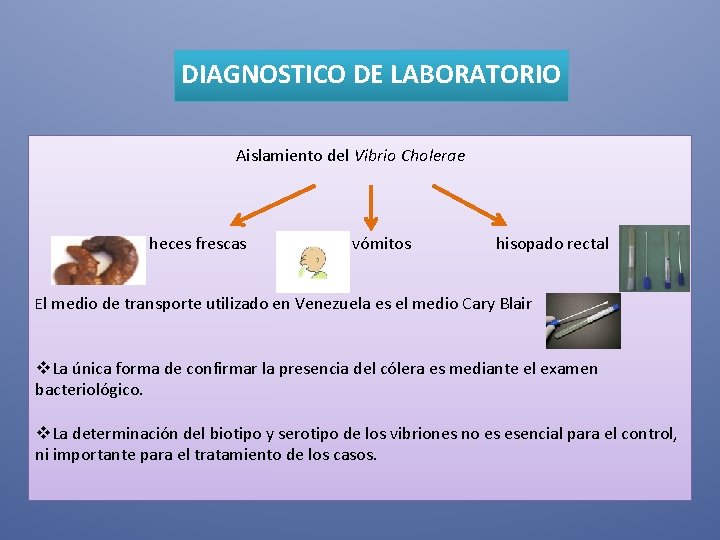 DIAGNOSTICO DE LABORATORIO Aislamiento del Vibrio Cholerae heces frescas vómitos hisopado rectal El medio