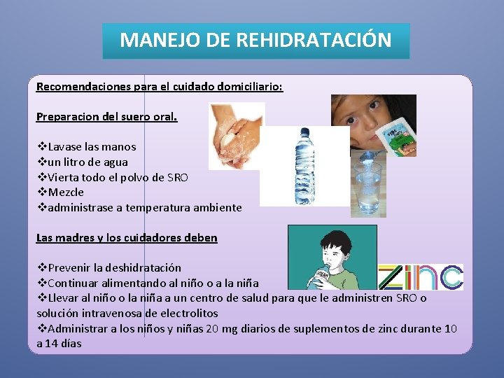 MANEJO DE REHIDRATACIÓN Recomendaciones para el cuidado domiciliario: Preparacion del suero oral. v. Lavase