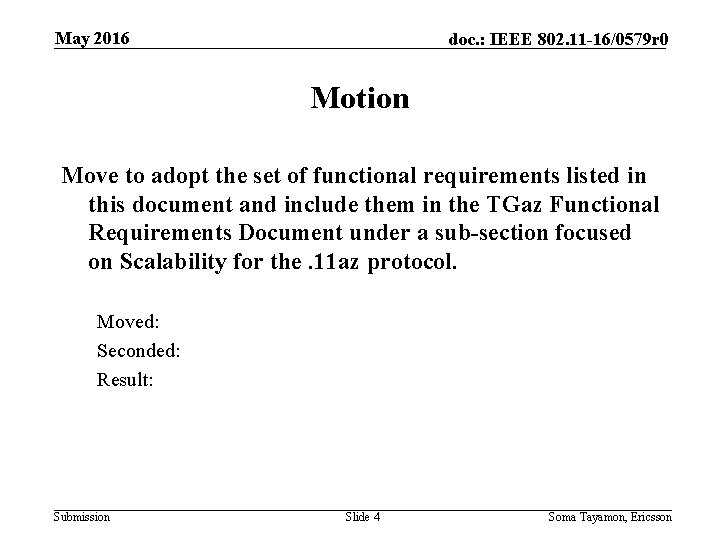 May 2016 doc. : IEEE 802. 11 -16/0579 r 0 Motion Move to adopt