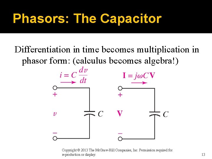 Phasors: The Capacitor Differentiation in time becomes multiplication in phasor form: (calculus becomes algebra!)