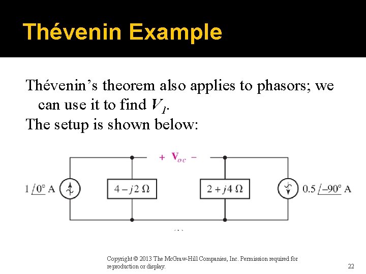 Thévenin Example Thévenin’s theorem also applies to phasors; we can use it to find