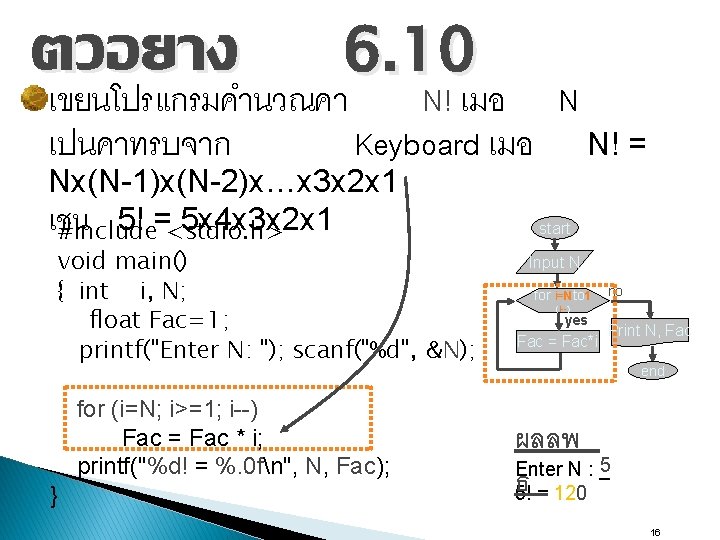 ตวอยาง 6. 10 เขยนโปรแกรมคำนวณคา N! เมอ เปนคาทรบจาก Keyboard เมอ Nx(N-1)x(N-2)x…x 3 x 2 x