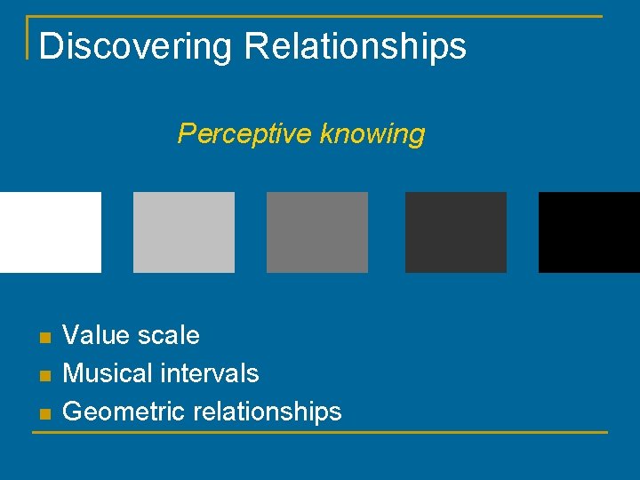 Discovering Relationships Perceptive knowing n n n Value scale Musical intervals Geometric relationships 