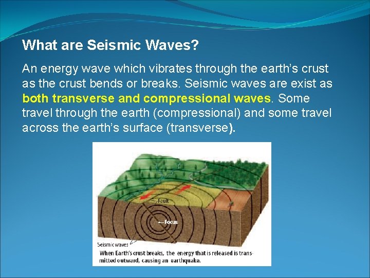 What are Seismic Waves? An energy wave which vibrates through the earth’s crust as