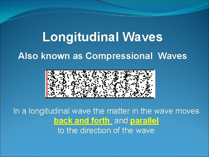 Longitudinal Waves Also known as Compressional Waves In a longitudinal wave the matter in