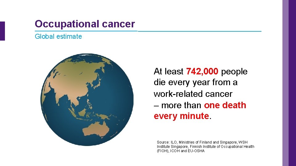 Occupational cancer Global estimate At least 742, 000 people die every year from a
