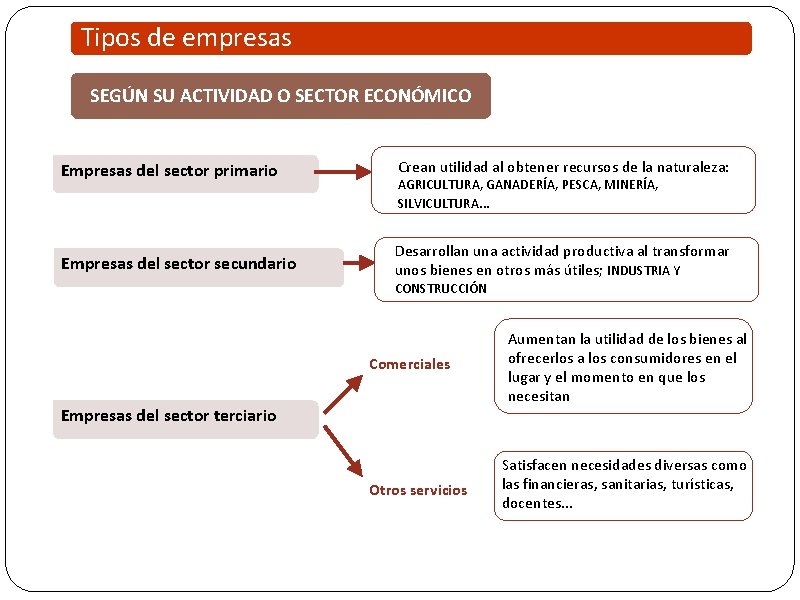 Tipos de empresas SEGÚN SU ACTIVIDAD O SECTOR ECONÓMICO Empresas del sector primario Crean